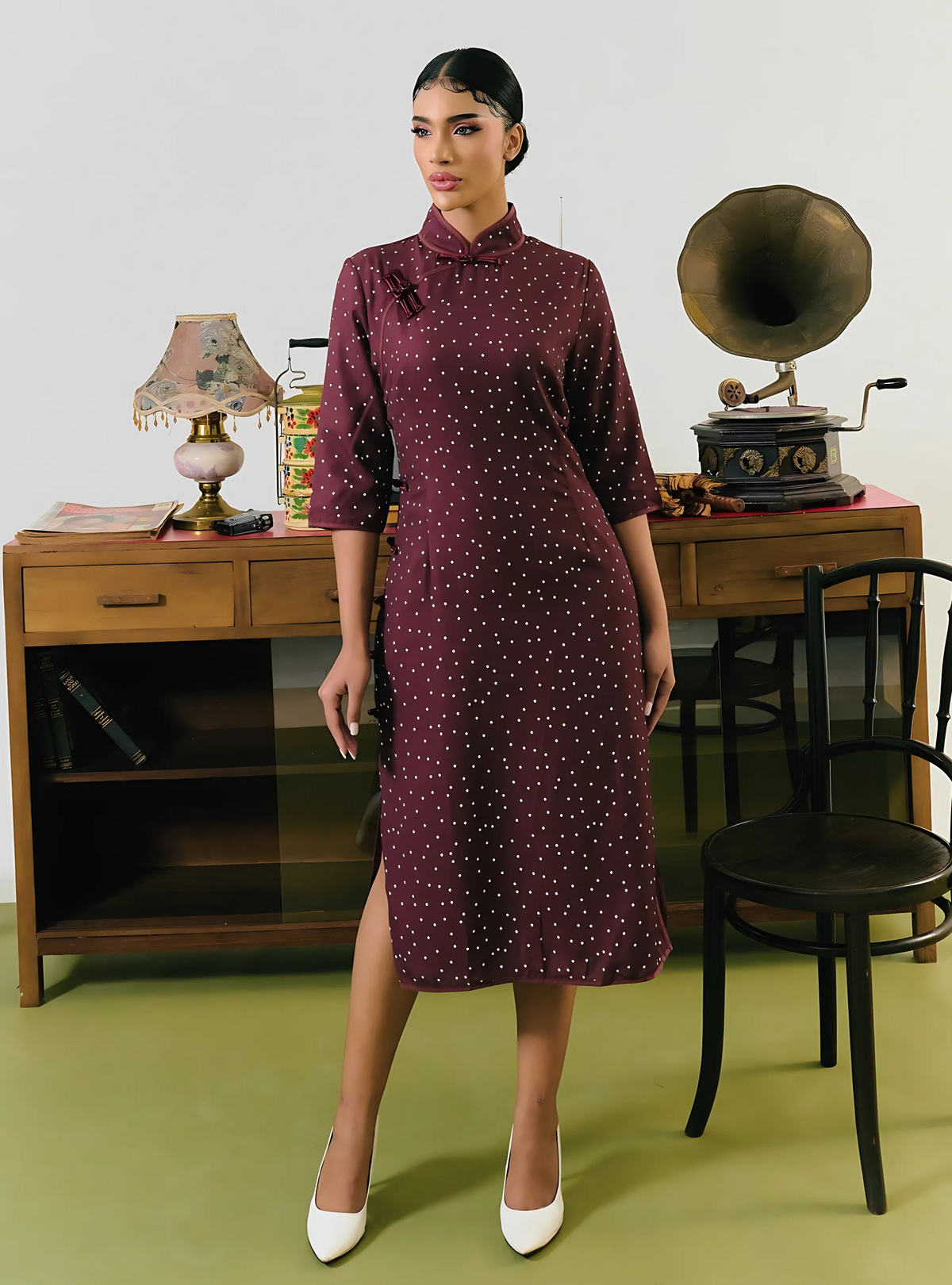 Kim Tai Polka Dotted Midi Cheongsam Dress