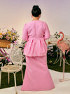 A woman dressed in Pink Doll Tun Zera Eyelet Kurung