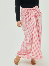 A woman wearing Pink Instant Checked Pario Wrap Skirt Only