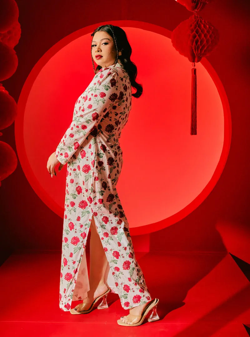 A woman dressed in Pink White Fung Jie Cheongsam Dress