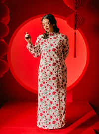 A woman dressed in Pink White Fung Jie Cheongsam Dress