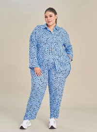 A woman dressed in Leopard Blue Printed Rayon Oversized Shirt