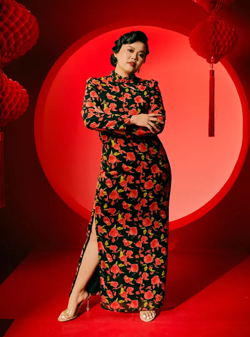 A woman dressed in Red Rose Han Jie Cheongsam Dress