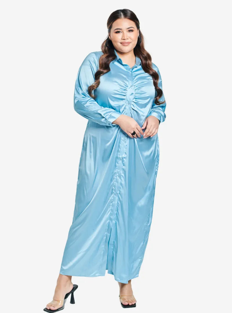 A woman dressed in Baby Blue Satin Longline Ruched Shirt Dress