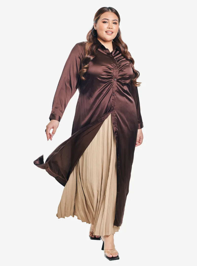 A woman dressed in Walnut Satin Longline Ruched Shirt Dress