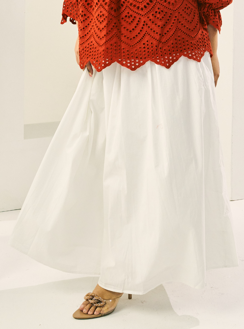 A woman wearing in White Sonya Poplin Skirt