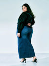 A woman wearing in Stone Denim Zalia Denim Long Skirt