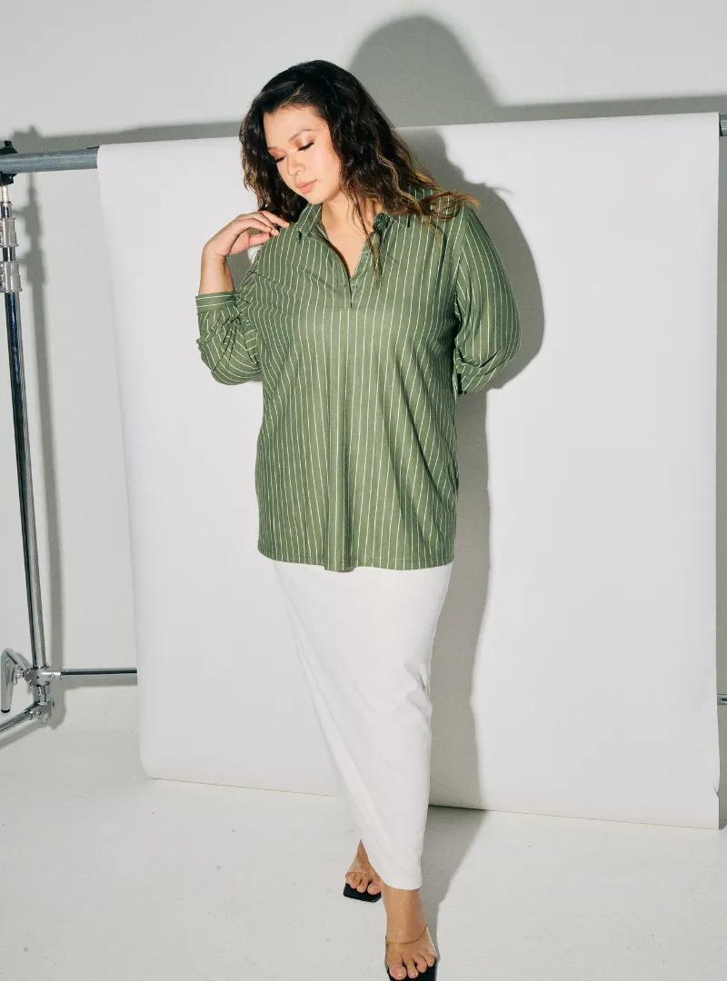 A woman dressed in Dusty Green Regular Striped Slim FIt Polo