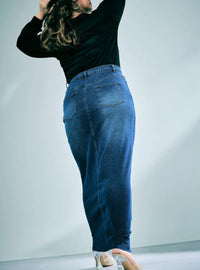 A woman wearing in Suede Denim Zalia Denim Long Skirt