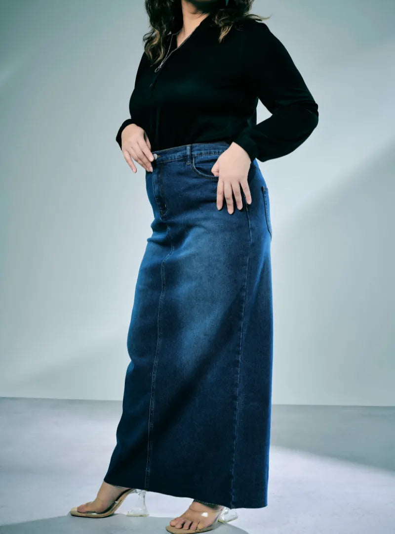 A woman wearing in Suede Denim Zalia Denim Long Skirt