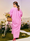 A woman Cloth in Pink Doll Tun Yasmin Embroidered Eyelet Oversized Kurung