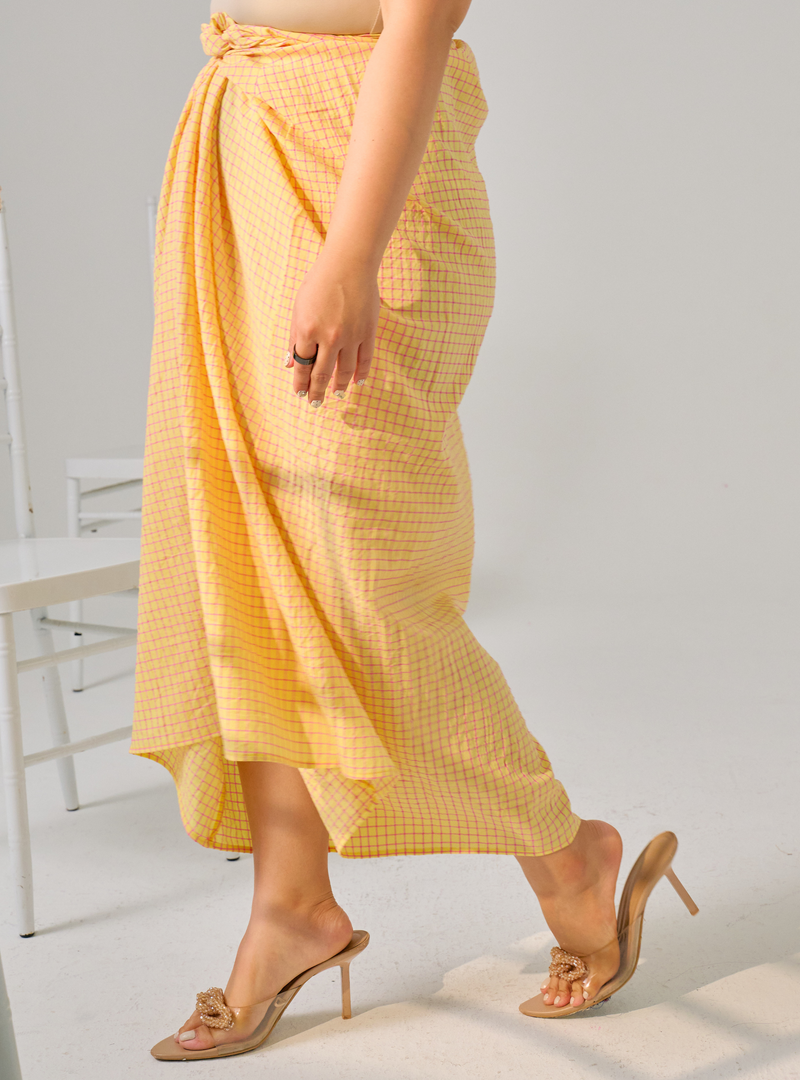 Melly Instant Pario Wrap Skirt Only - Yellow Pink Checked