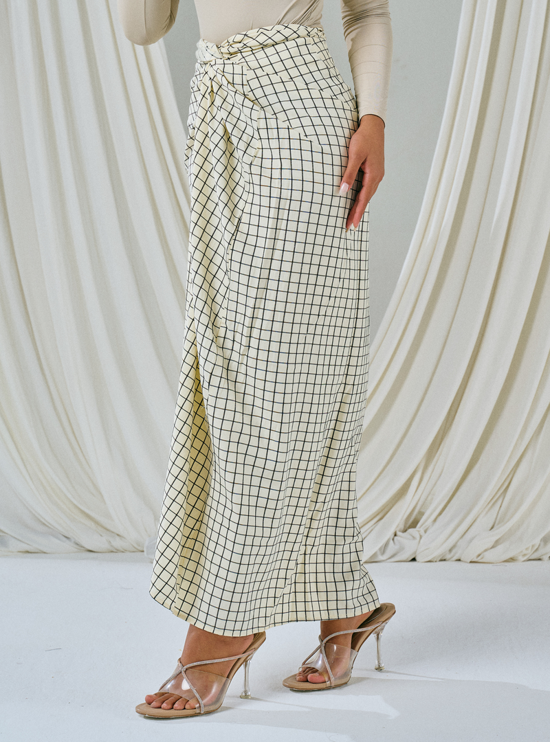 Melly Instant Pario Wrap Skirt Only - Sand White Checked