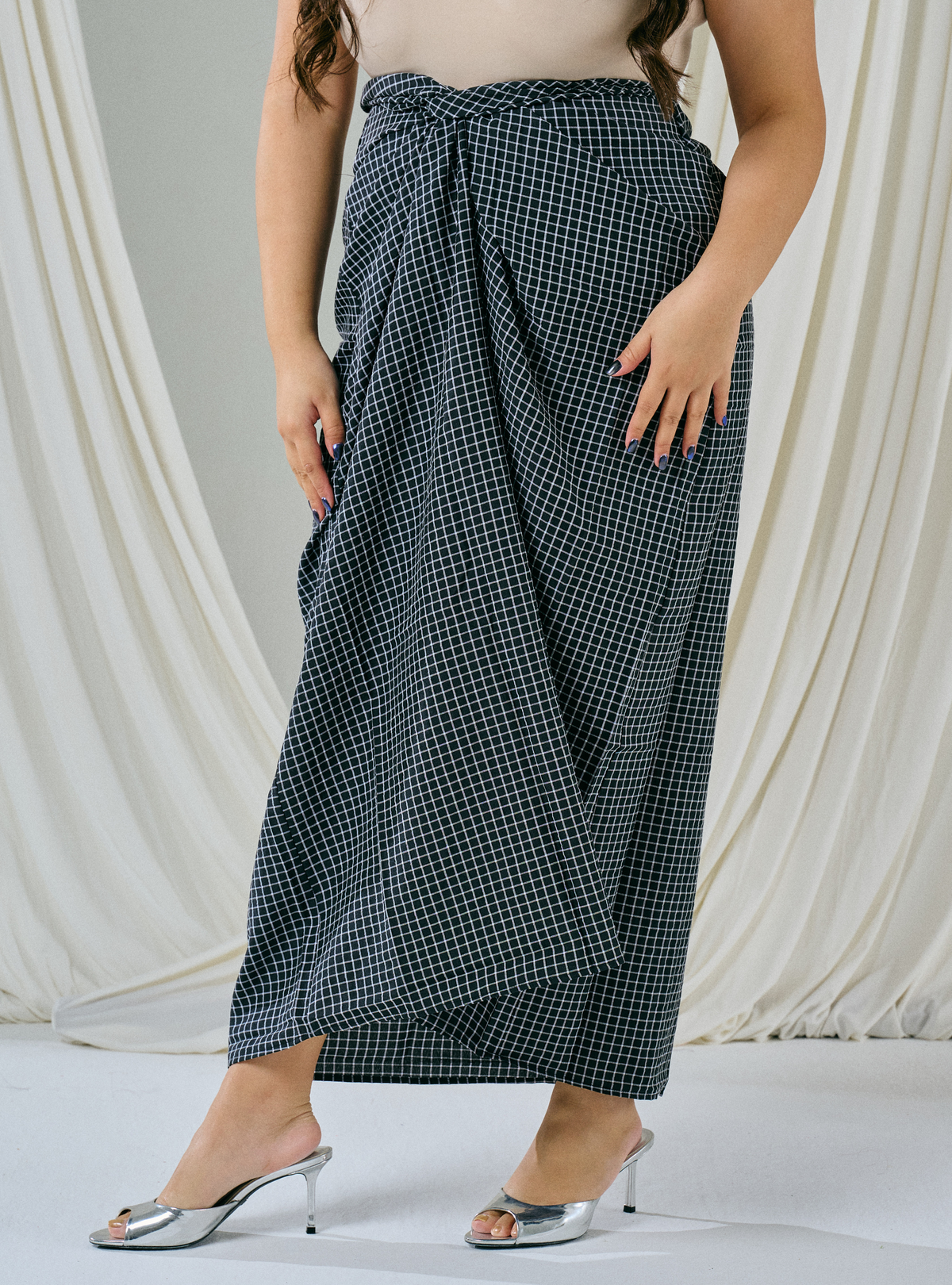 Melly Instant Pario Wrap Skirt Only - Black Small Checked