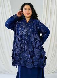 Tun Embun 3D Embroidered Kebaya Kurung - Navy Blue