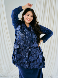 Tun Embun 3D Embroidered Kebaya Kurung - Navy Blue