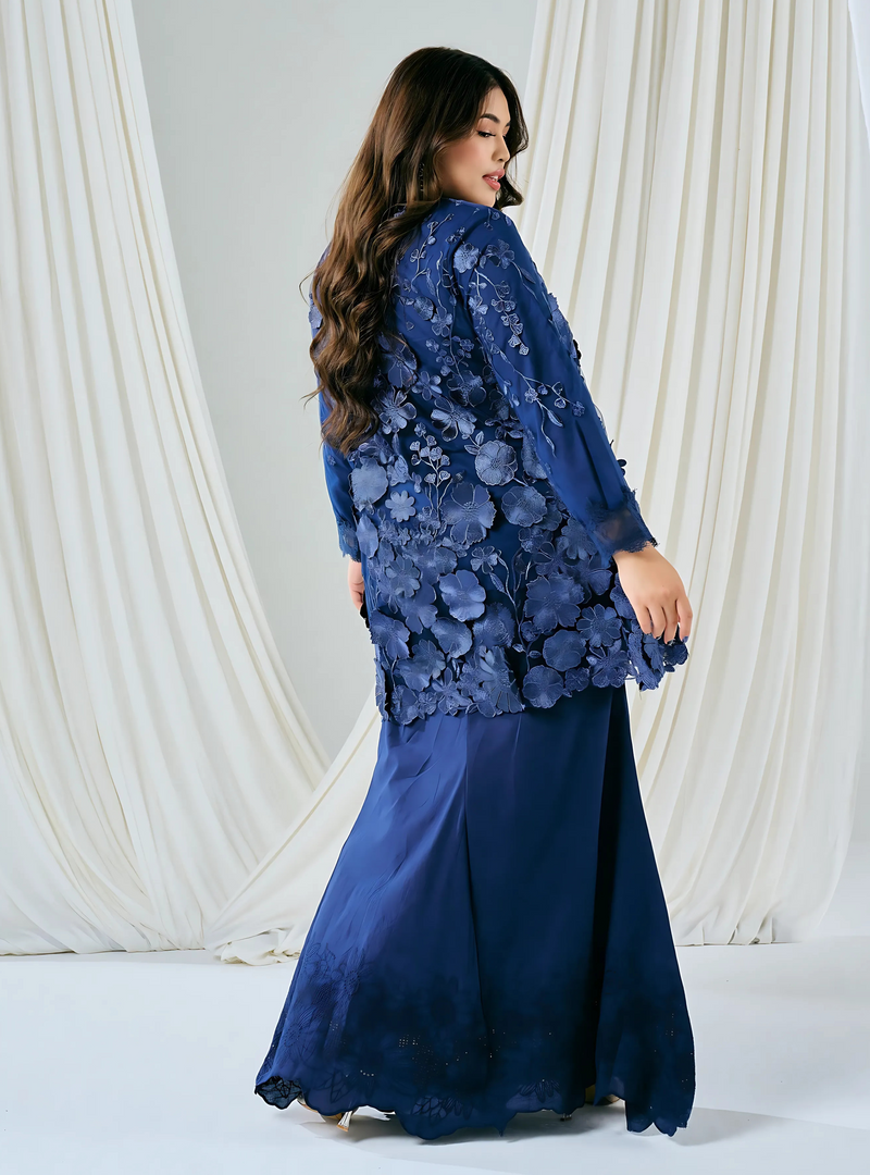 Tun Embun 3D Embroidered Kebaya Kurung - Navy Blue