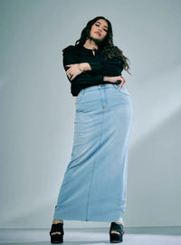 A woman wearing in Upward Denim Zalia Denim Long Skirt