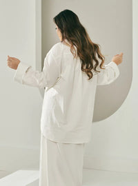 A woman dressed in White Jasper Mandarin Collar Basic Shirt