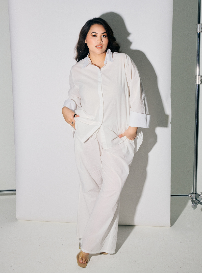 A woman dressed in White Oversized Cotton Set