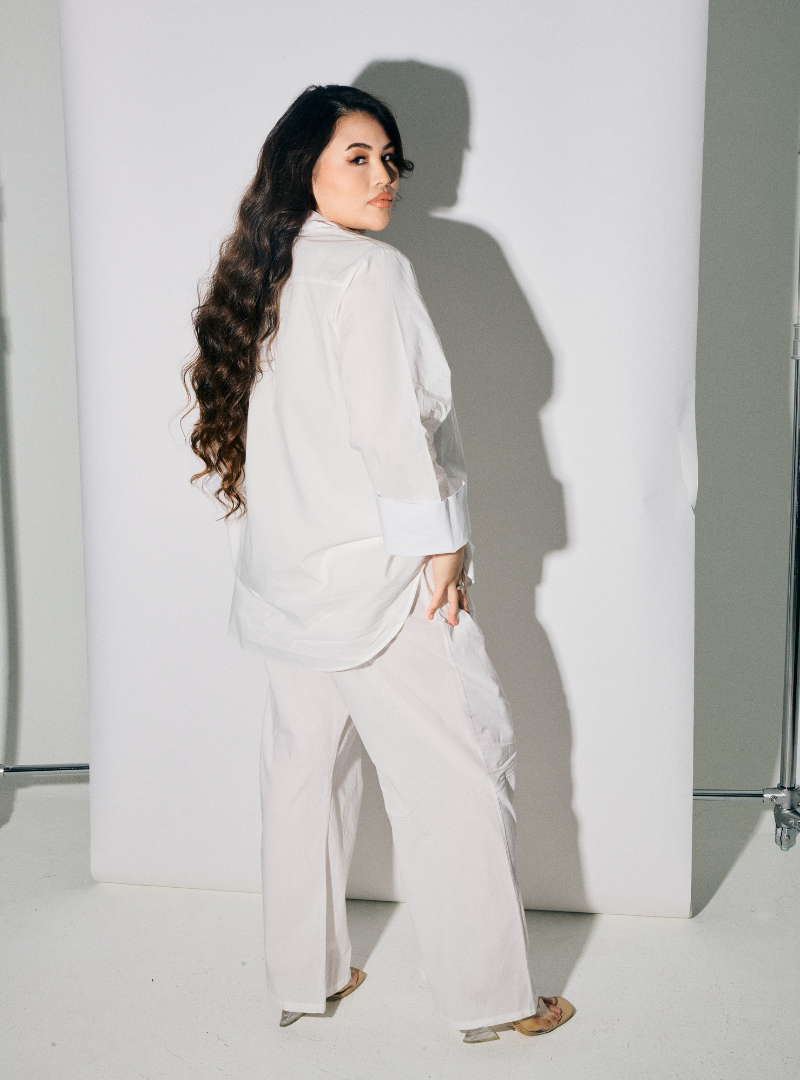 A woman dressed in White Oversized Cotton Set