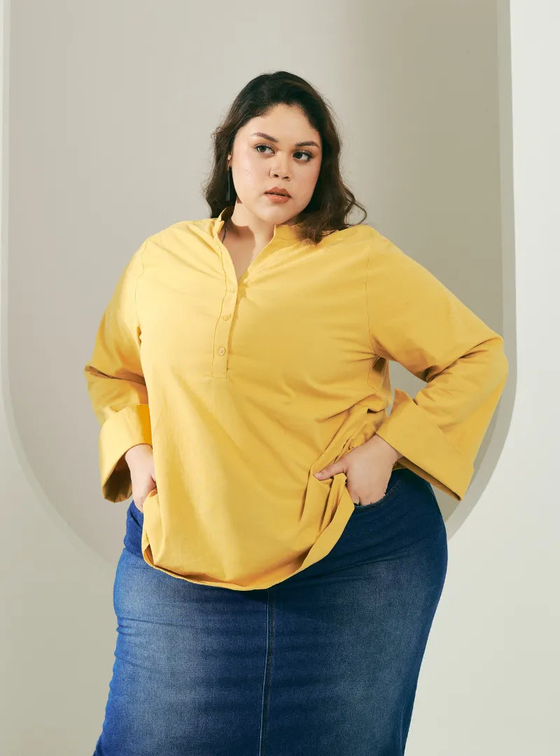 A woman dressed in Yellow Jasper Mandarin Collar Basic Shirt