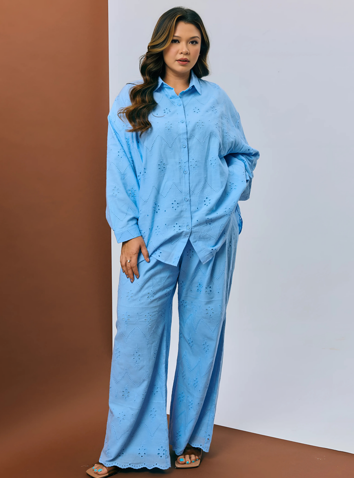 Tun Hamizah Eyelet Trousers Set - Powder Blue