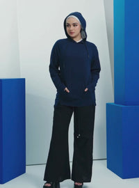 A woman wearing Navy Jackson Embroidered Hoodie