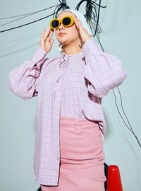 women wearing zaleha checked top in lilac pink 