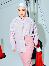 women wearing zaleha checked top in lilacpink 